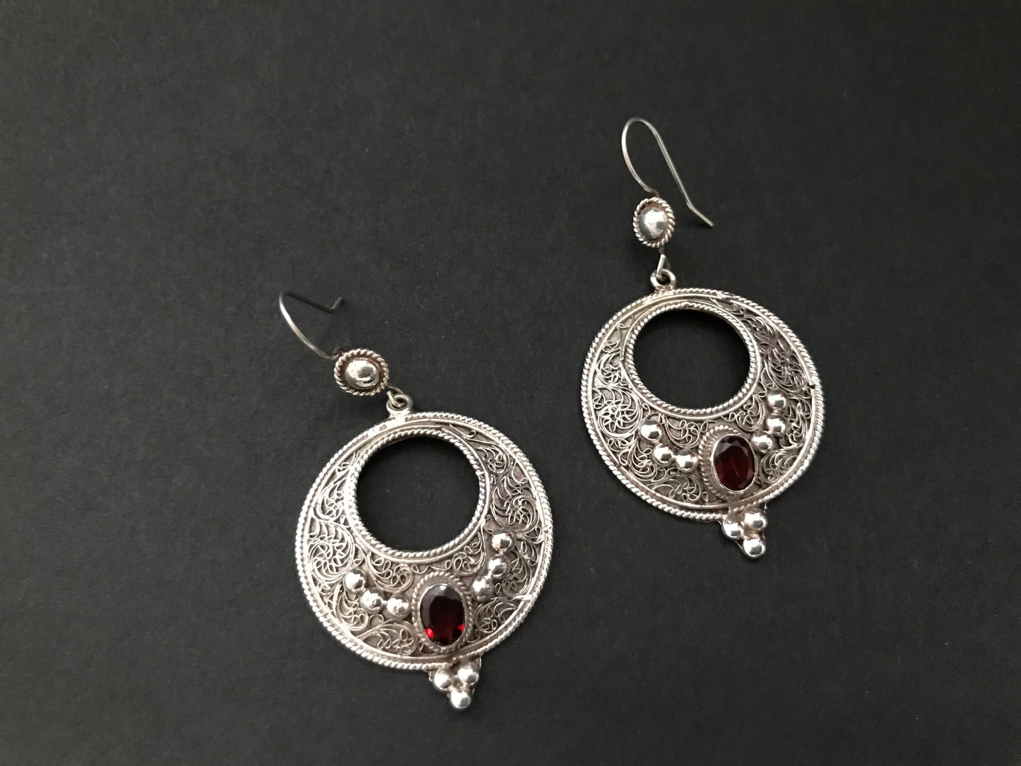 Handmade Floral Filigree Moon Citrine/Garnet/Onyx Silver Earrings - Konmay London