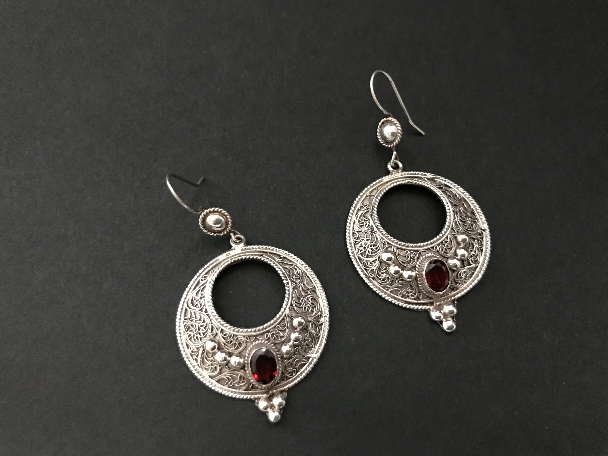 Handmade Floral Filigree Moon Citrine/Garnet/Onyx Silver Earrings - Konmay London