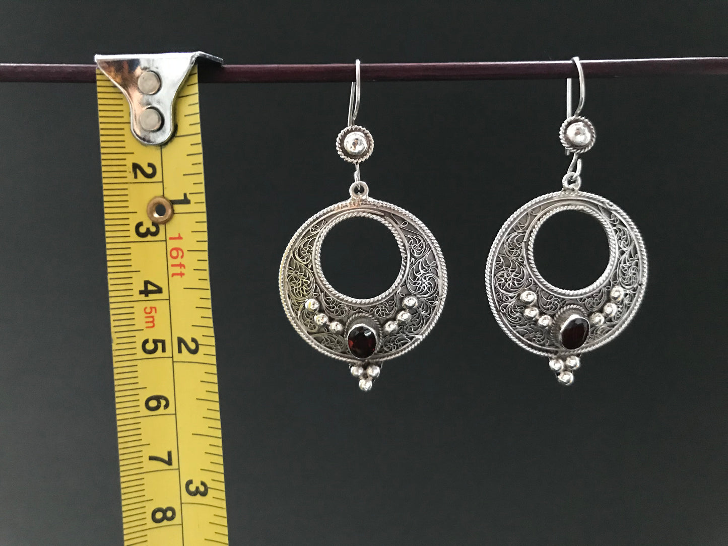 Handmade Floral Filigree Moon Citrine/Garnet/Onyx Silver Earrings - Konmay London