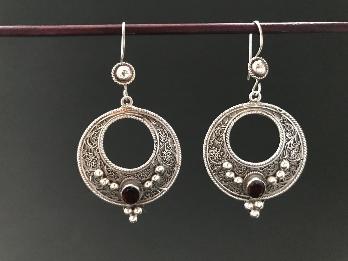 Handmade Floral Filigree Moon Citrine/Garnet/Onyx Silver Earrings - Konmay London