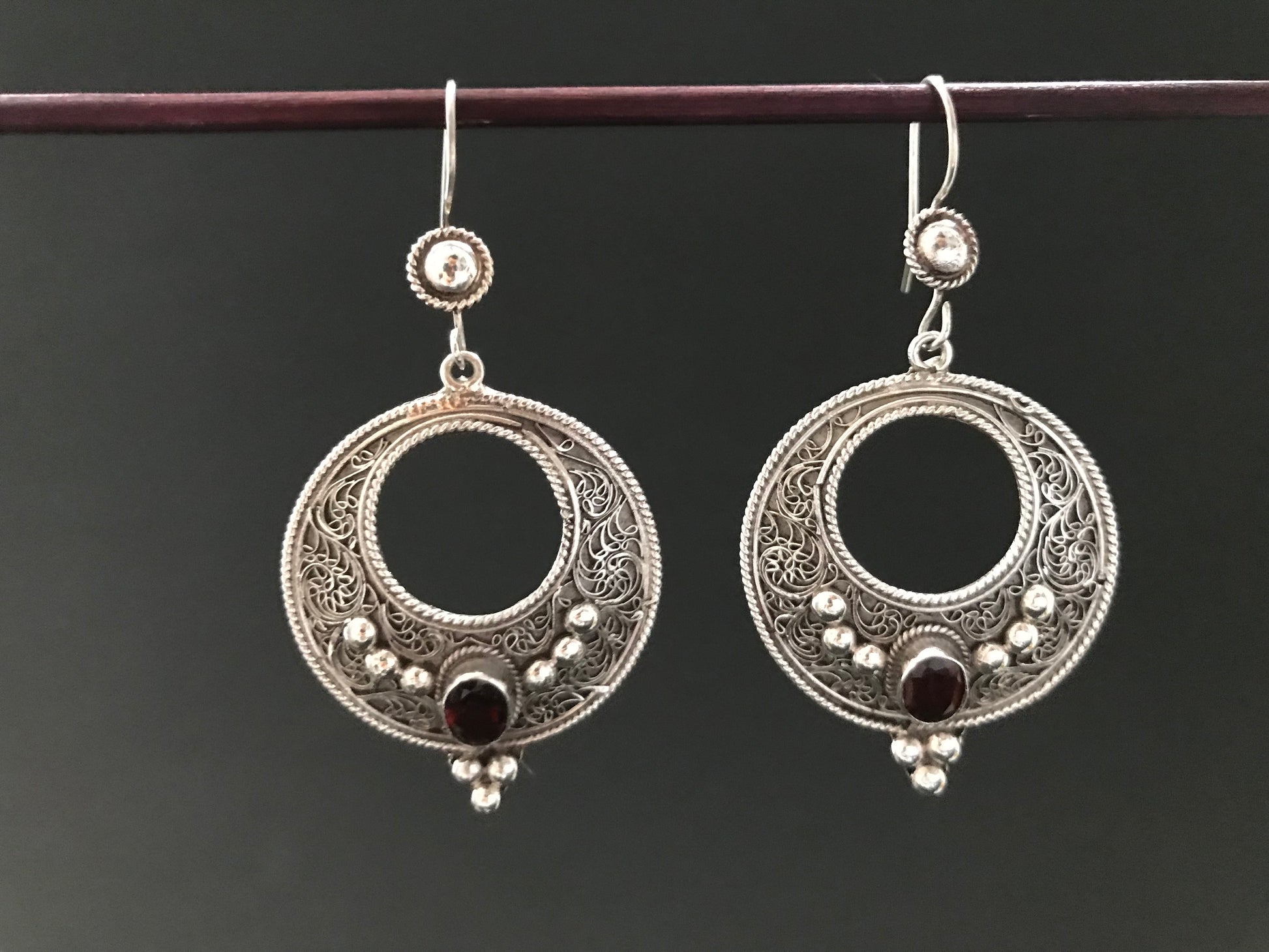 Handmade Floral Filigree Moon Citrine/Garnet/Onyx Silver Earrings - Konmay London