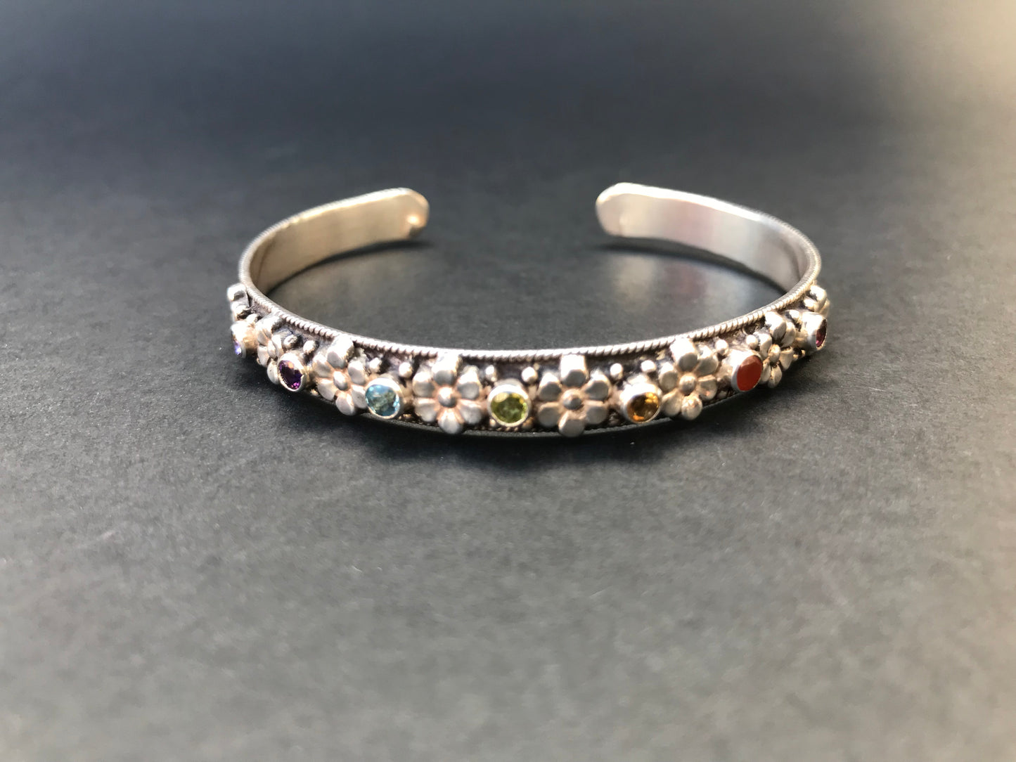 Handmade Flower 7 Gemstone silver Bangle Cuff Bracelet - Konmay London