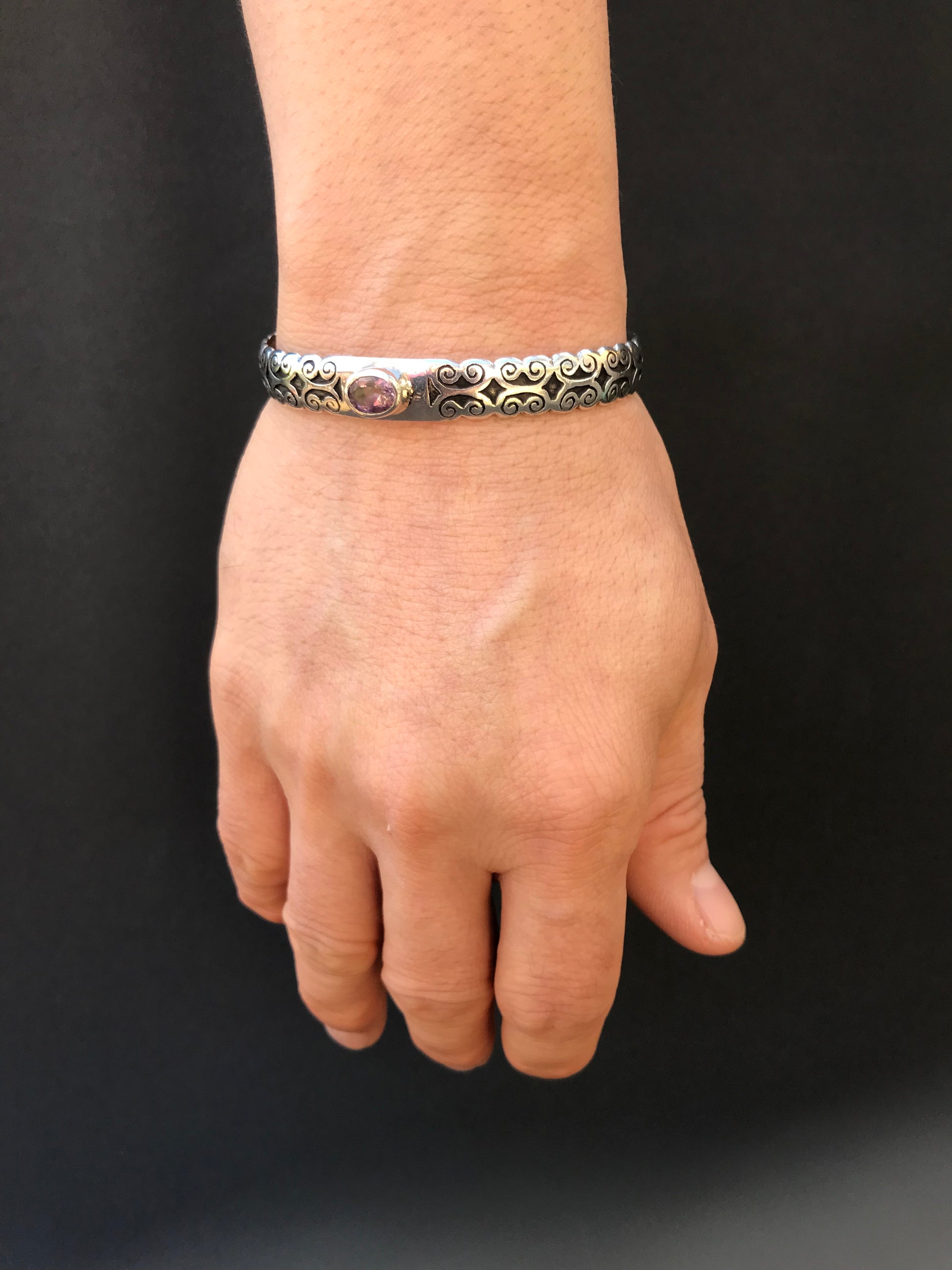 Handmade Floral Pattern engraved Amethyst/Garnet/Turquoise Cuff Bangle Bracelet - Konmay London