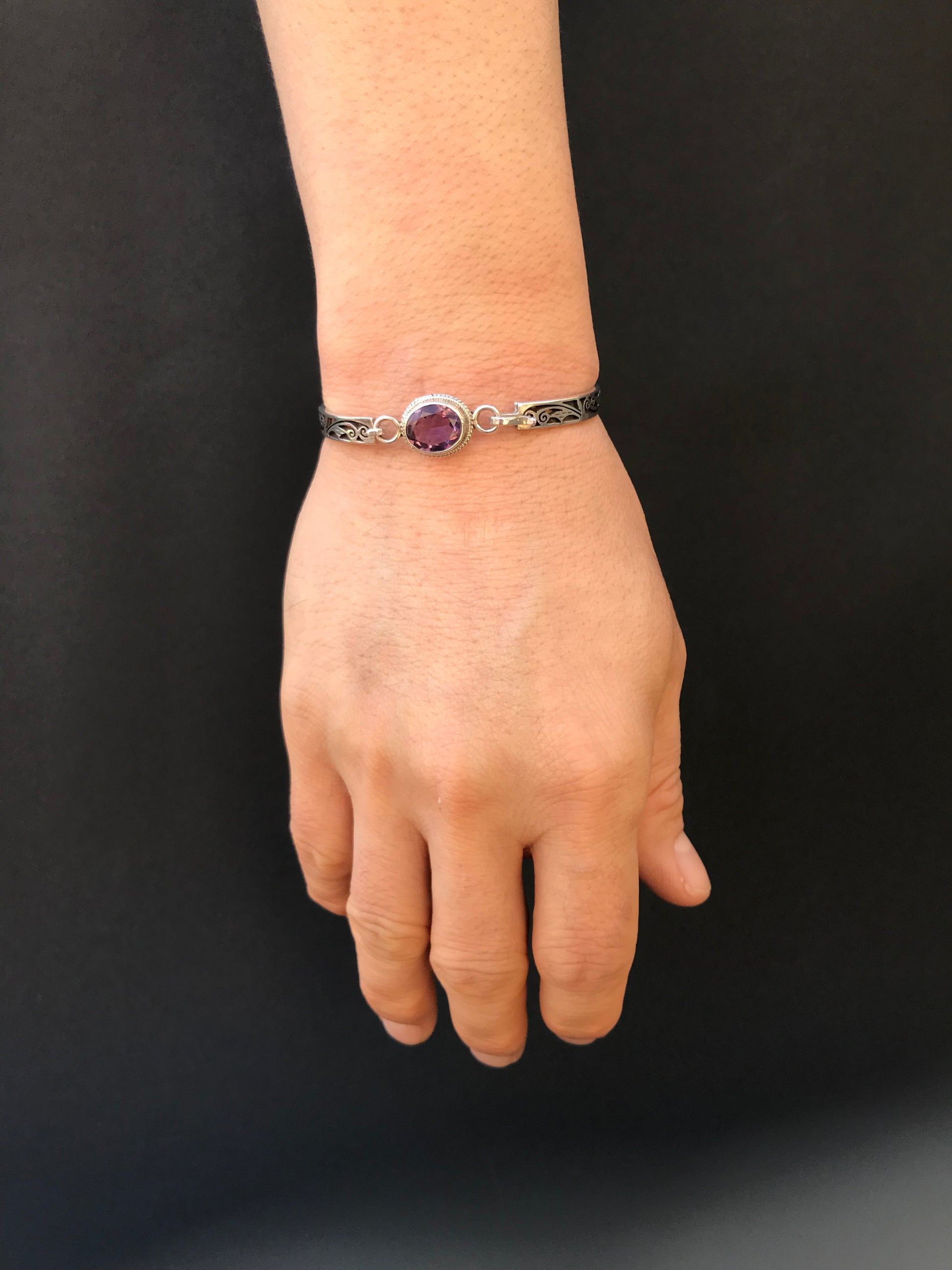 Handmade Floral Stencil Carved Net Amethyst/Citrine/Garnet Silver Bracelet - Konmay London