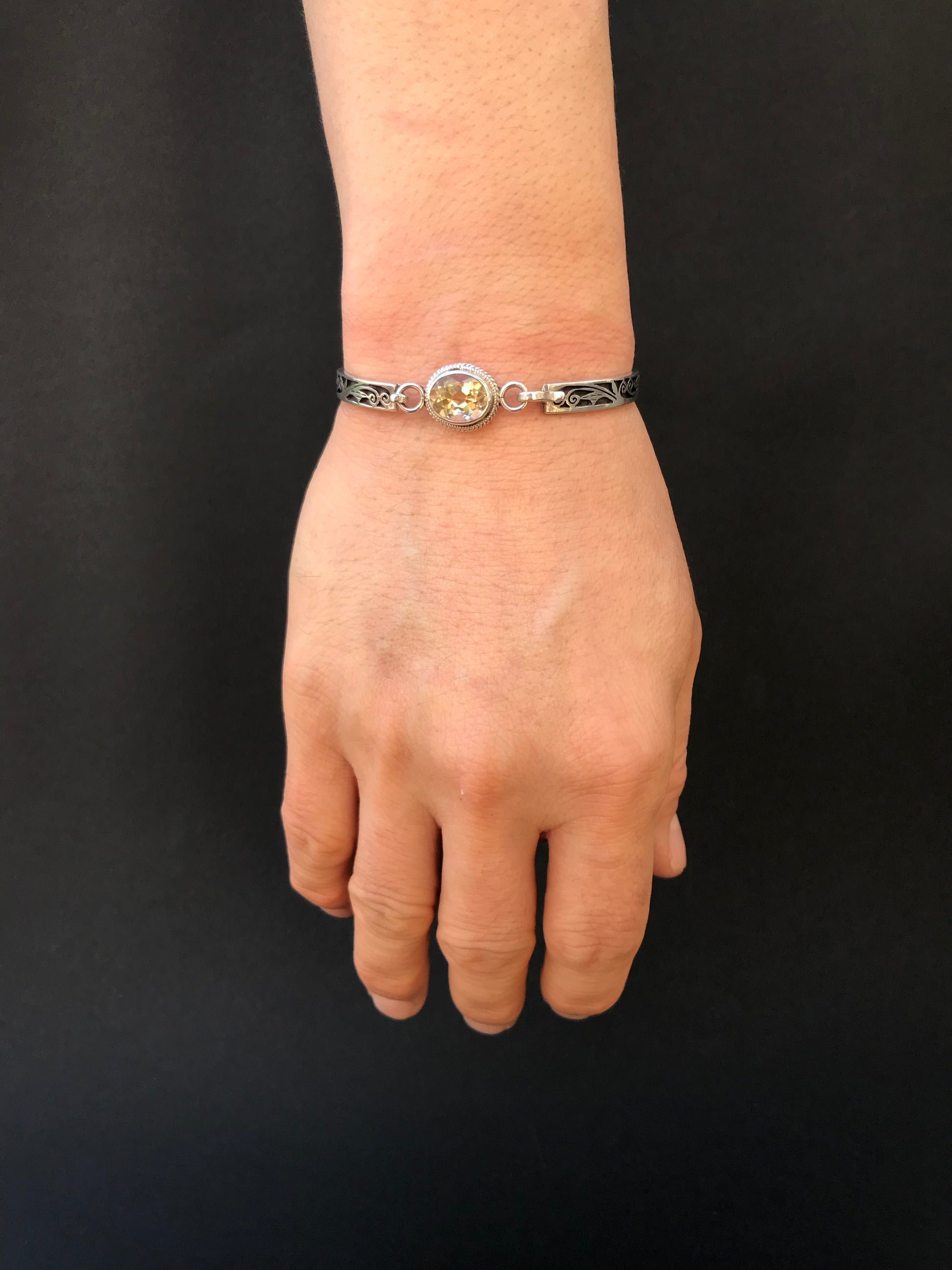 Handmade Floral Stencil Carved Net Amethyst/Citrine/Garnet Silver Bracelet - Konmay London
