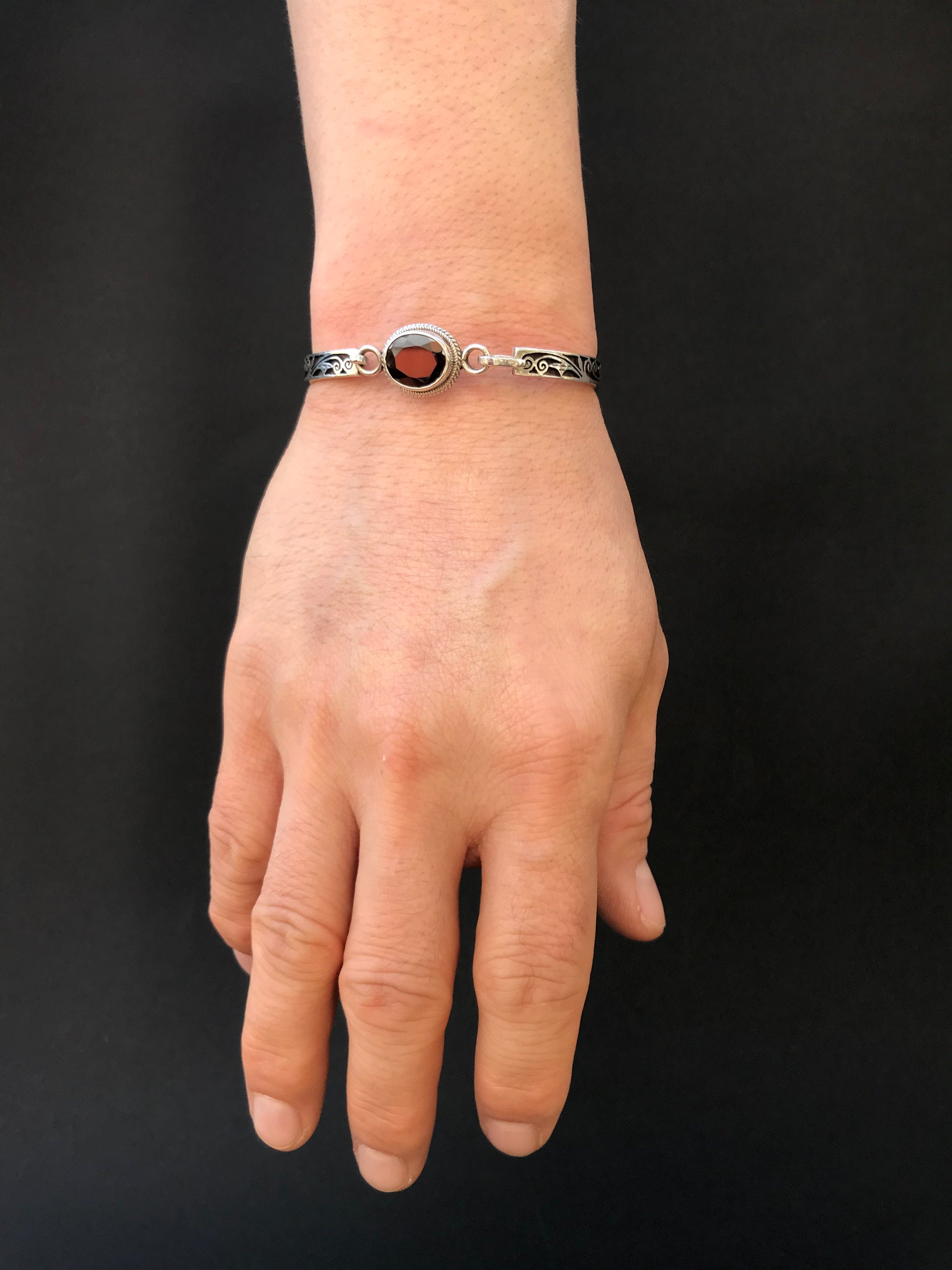 Handmade Floral Stencil Carved Net Amethyst/Citrine/Garnet Silver Bracelet - Konmay London