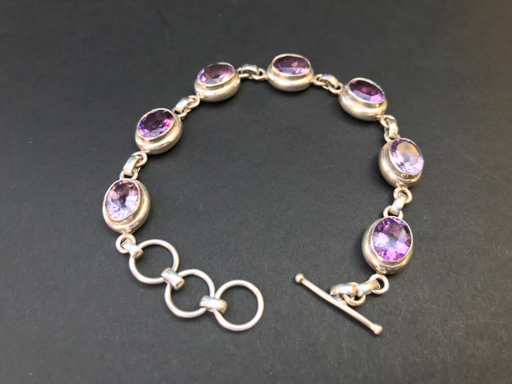 Handmade Chain Style 7 Gemstones Amethyst/Citrine/Garnet Silver Bracelet - Konmay London