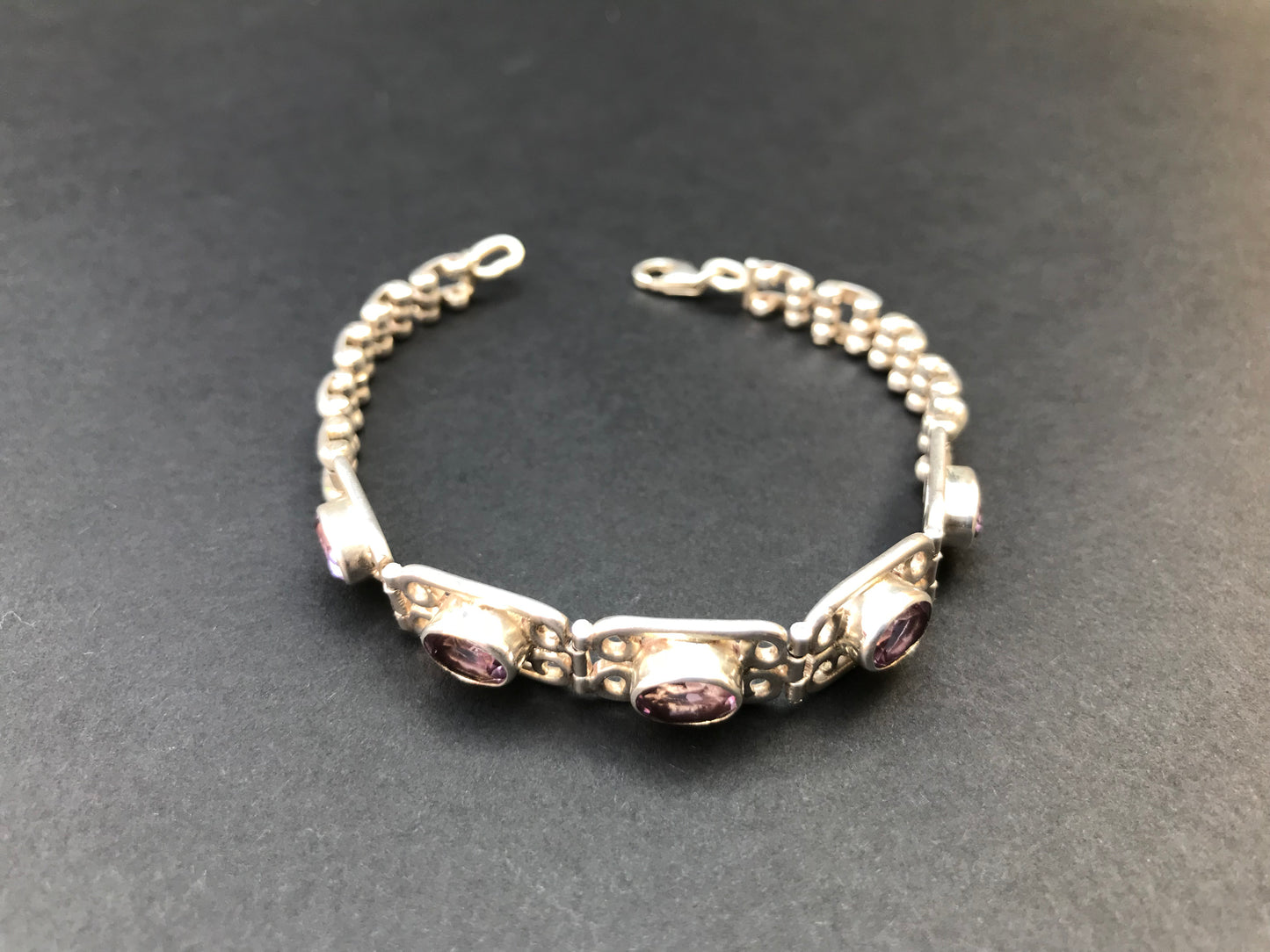 Handmade Chain Style 5 Gemstone Amethyst/Garnet Silver Bracelet - Konmay London