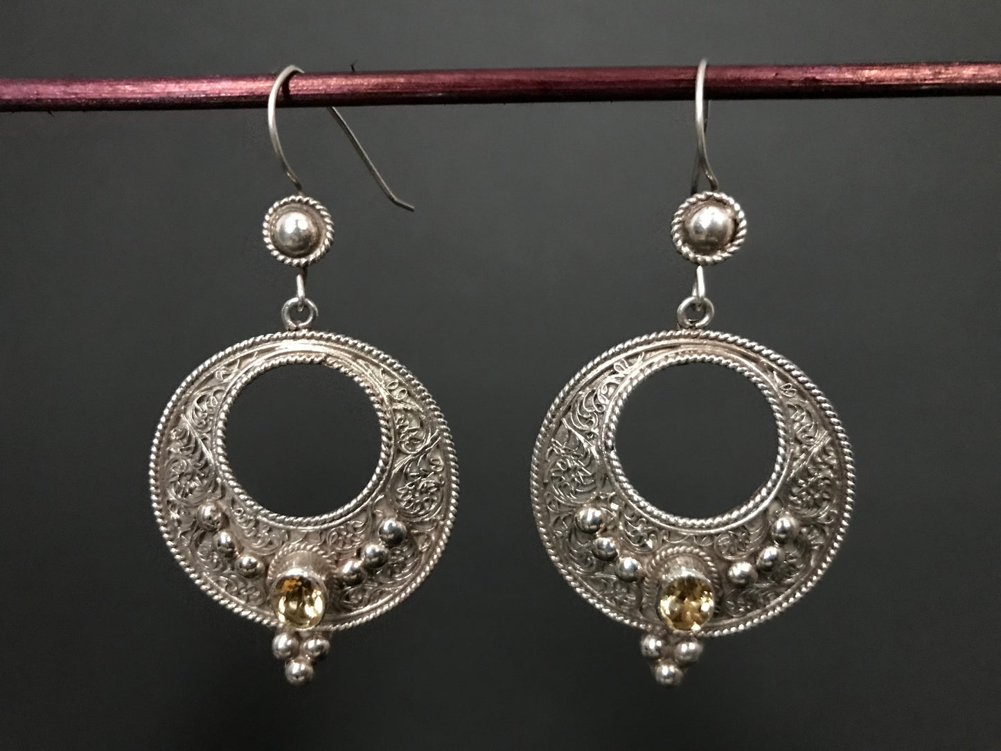 Handmade Floral Filigree Moon Citrine/Garnet/Onyx Silver Earrings - Konmay London