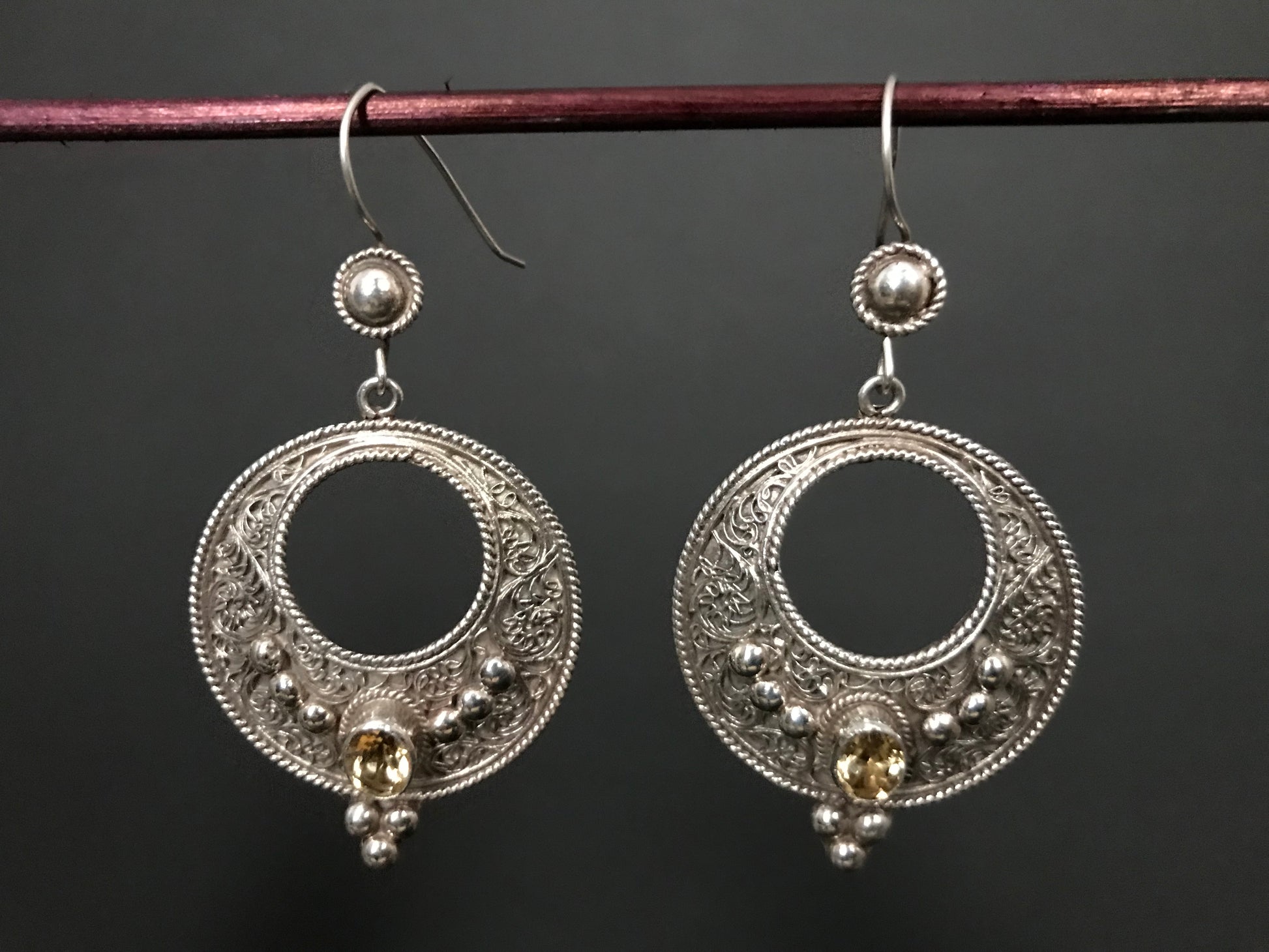 Handmade Floral Filigree Moon Citrine/Garnet/Onyx Silver Earrings - Konmay London