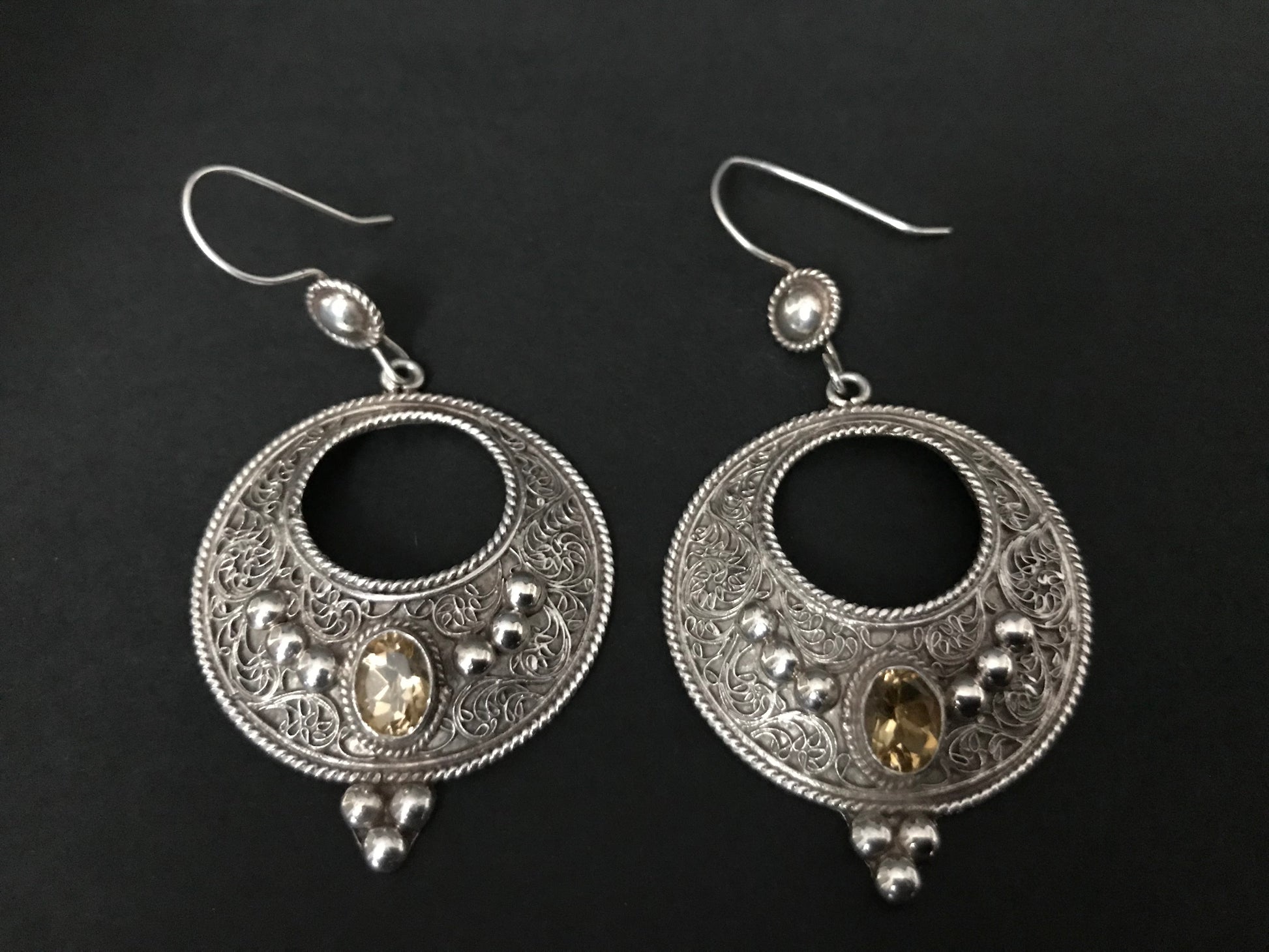 Handmade Floral Filigree Moon Citrine/Garnet/Onyx Silver Earrings - Konmay London