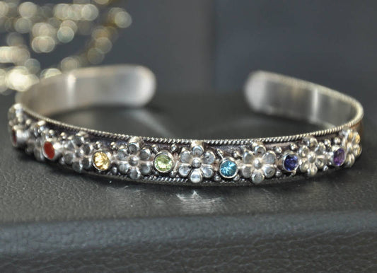 Handmade Flower 7 Gemstone silver Bangle Cuff Bracelet - Konmay London