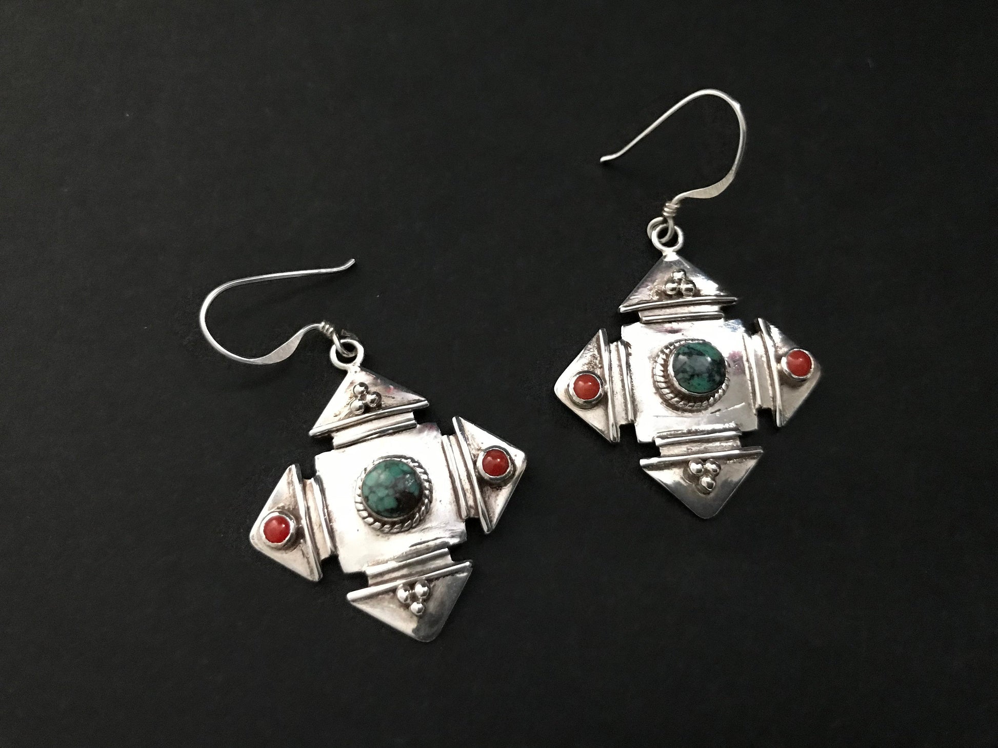 Handmade Yantra Mandala Turquoise/Coral Silver Earrings - Konmay London