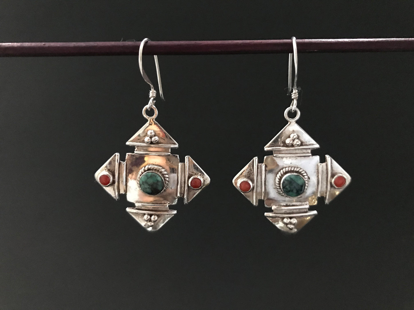 Handmade Yantra Mandala Turquoise/Coral Silver Earrings - Konmay London