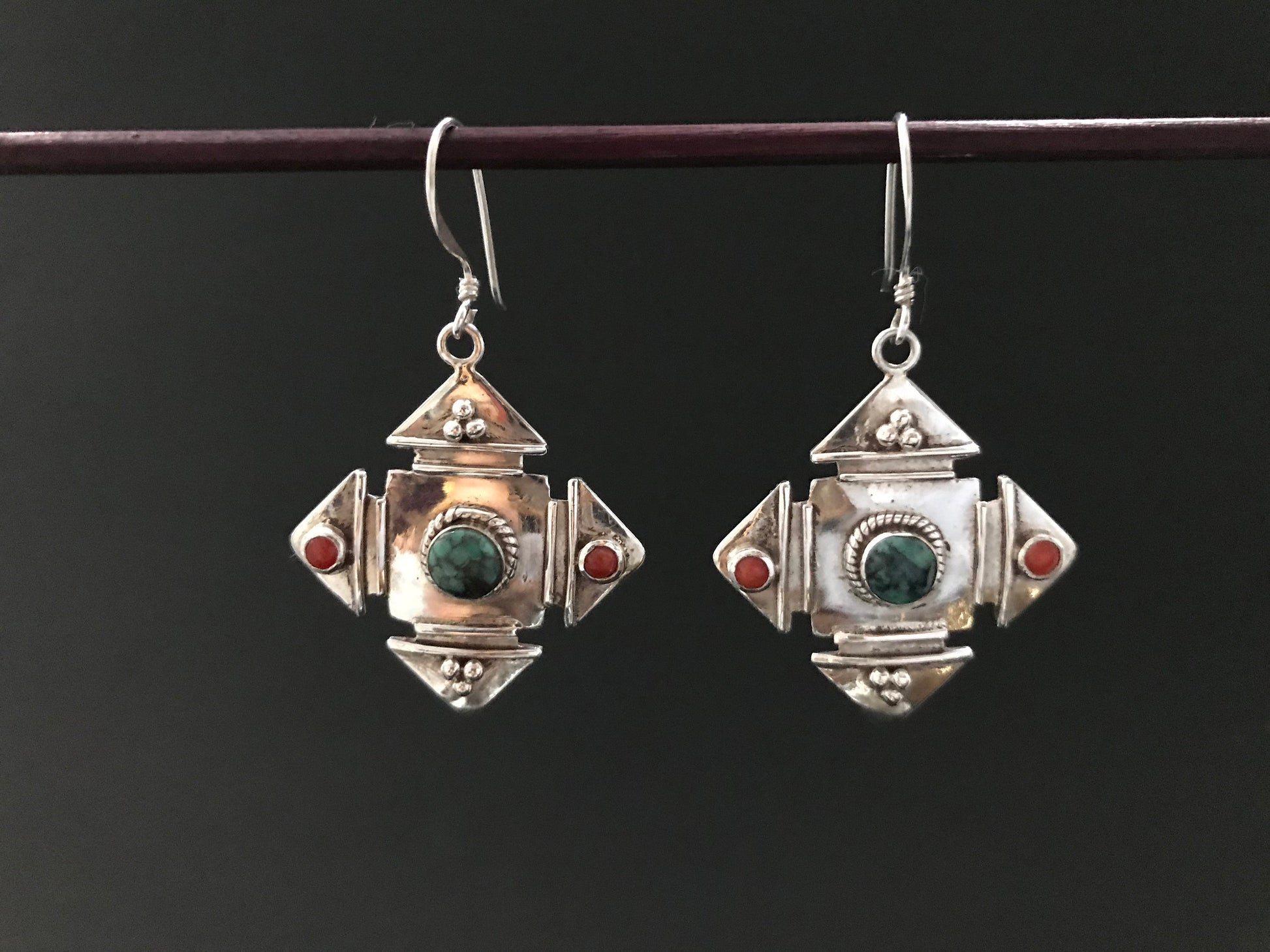 Handmade Yantra Mandala Turquoise/Coral Silver Earrings - Konmay London