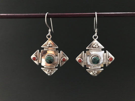 Handmade Yantra Mandala Turquoise/Coral Silver Earrings - Konmay London