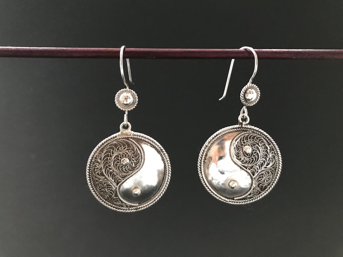 Handmade Filigree Yin Yang Dangle Silver Earrings - Konmay London