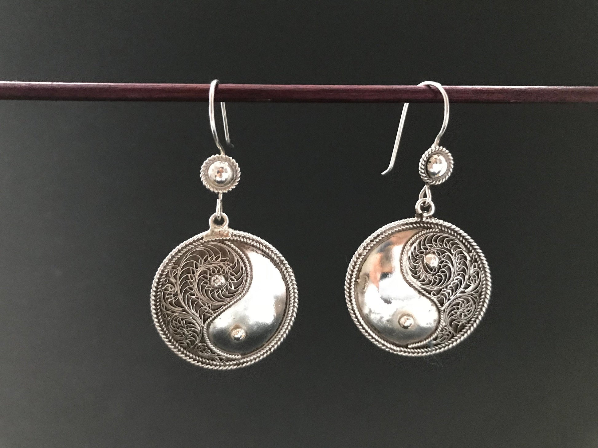 Handmade Filigree Yin Yang Dangle Silver Earrings - Konmay London