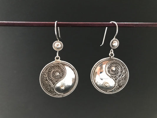 Handmade Filigree Yin Yang Dangle Silver Earrings - Konmay London