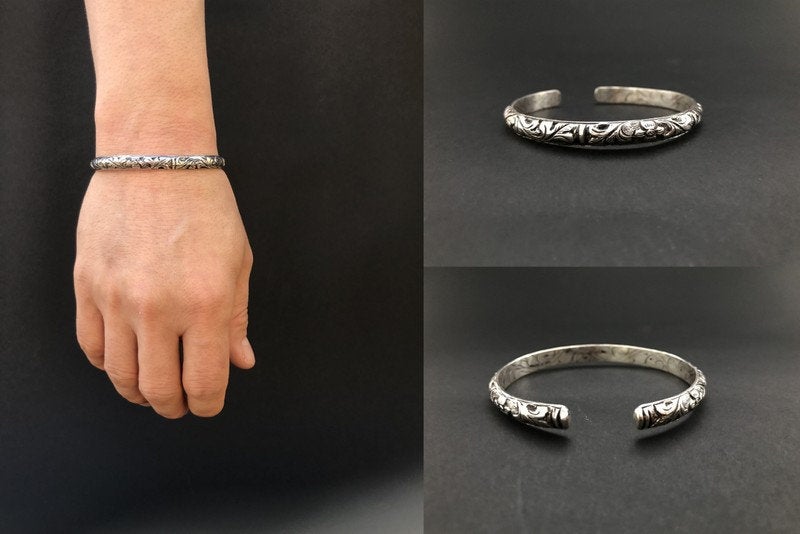 Handmade Antique Tibetan Floral Pattern Deep Engraved Cuff Bracelet - Konmay London