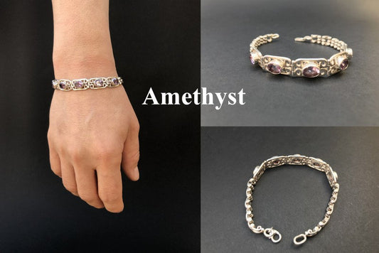 Handmade Chain Style 5 Gemstone Amethyst/Garnet Silver Bracelet - Konmay London