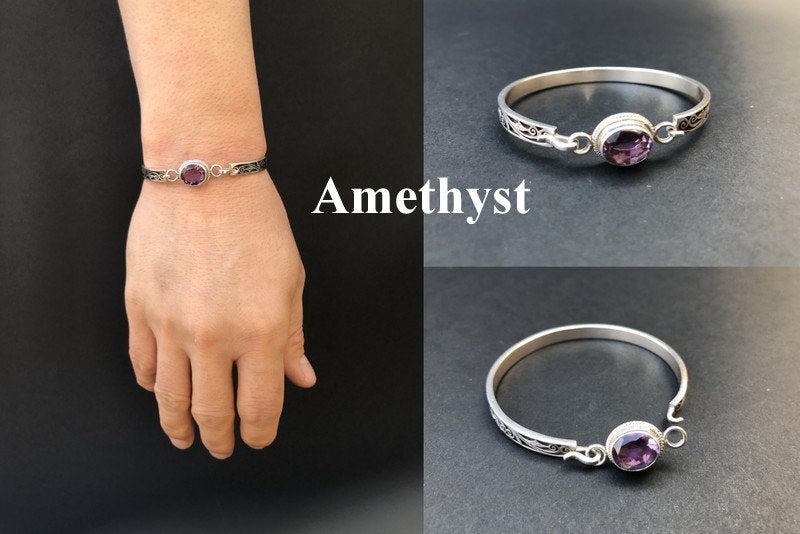 Handmade Floral Stencil Carved Net Amethyst/Citrine/Garnet Silver Bracelet - Konmay London