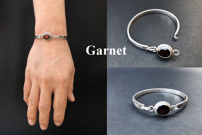Handmade Floral Stencil Carved Net Amethyst/Citrine/Garnet Silver Bracelet - Konmay London