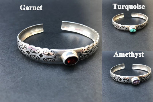 Handmade Floral Pattern engraved Amethyst/Garnet/Turquoise Cuff Bangle Bracelet - Konmay London