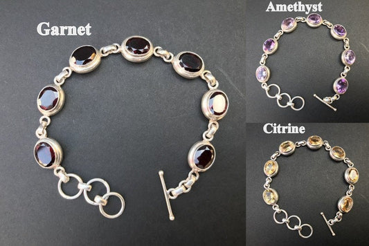 Handmade Chain Style 7 Gemstones Amethyst/Citrine/Garnet Silver Bracelet - Konmay London