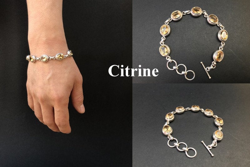 Handmade Chain Style 7 Gemstones Amethyst/Citrine/Garnet Silver Bracelet - Konmay London