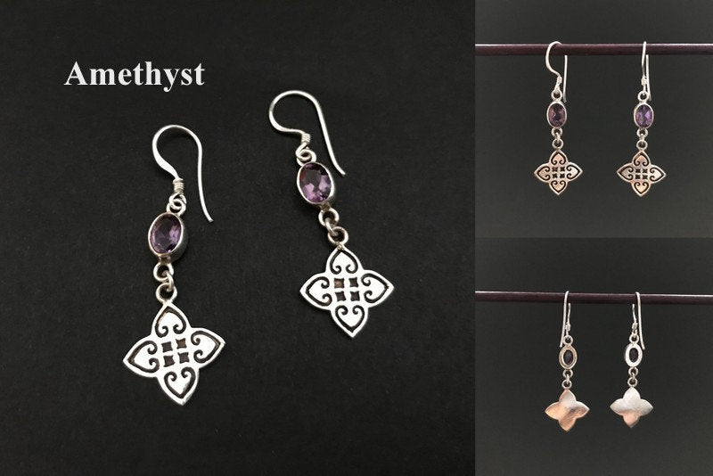 Handmade Close Net Design Amethyst Citrine Garnet Earrings - Konmay London