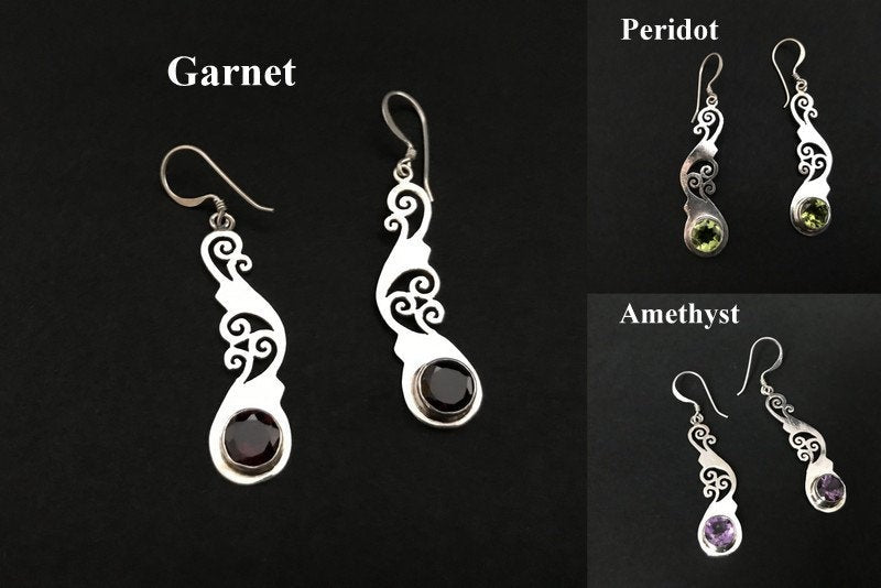 Handmade Foral Stencil Cut Amethyst/ Garnet/ Peridot Earring - Konmay London