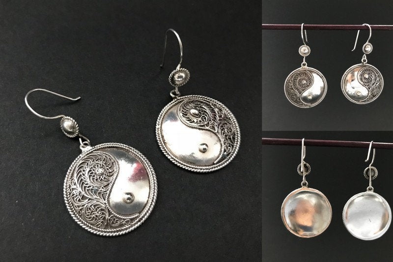 Handmade Filigree Yin Yang Dangle Silver Earrings - Konmay London