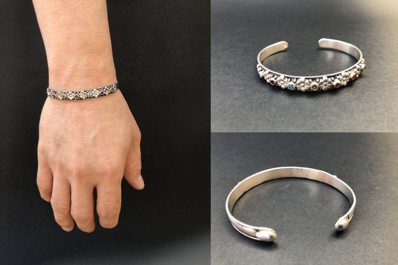 Handmade Flower 7 Gemstone silver Bangle Cuff Bracelet - Konmay London