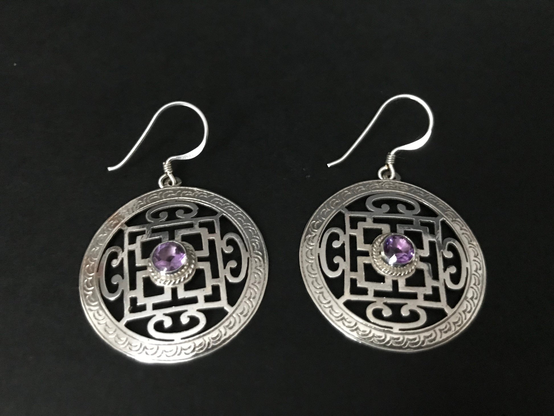 Handmade Mandala Amethyst/ Turquoise Silver Earrings - Konmay London