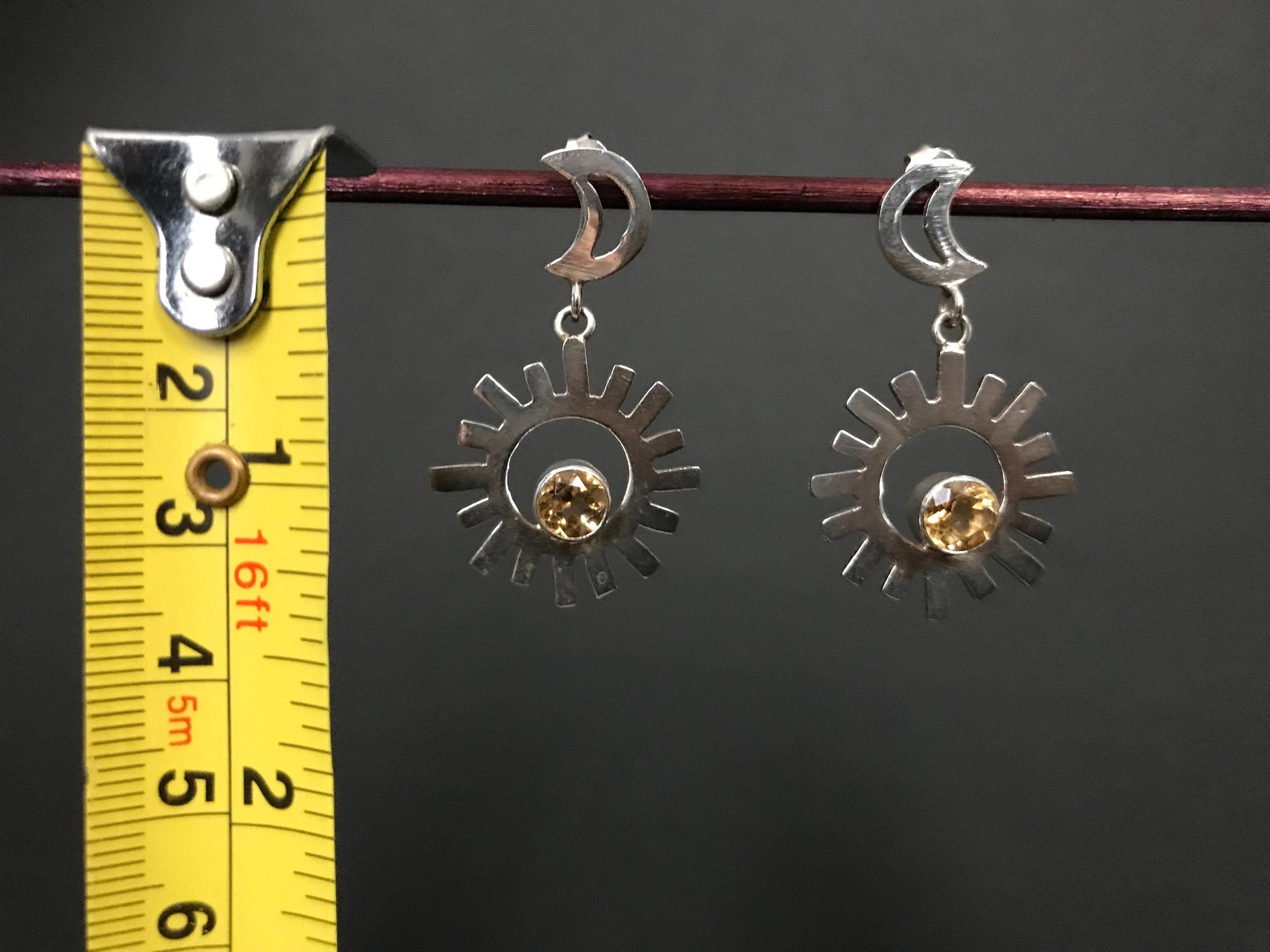 Handmade Sun & Moon Garnet/BlackDiopside/ Citrine Silver Earrings - Konmay London