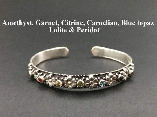Handmade Flower 7 Gemstone silver Bangle Cuff Bracelet - Konmay London