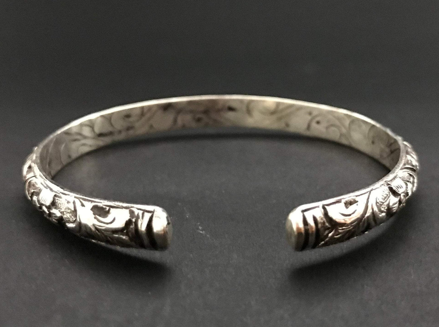 Handmade Antique Tibetan Floral Pattern Deep Engraved Cuff Bracelet - Konmay London