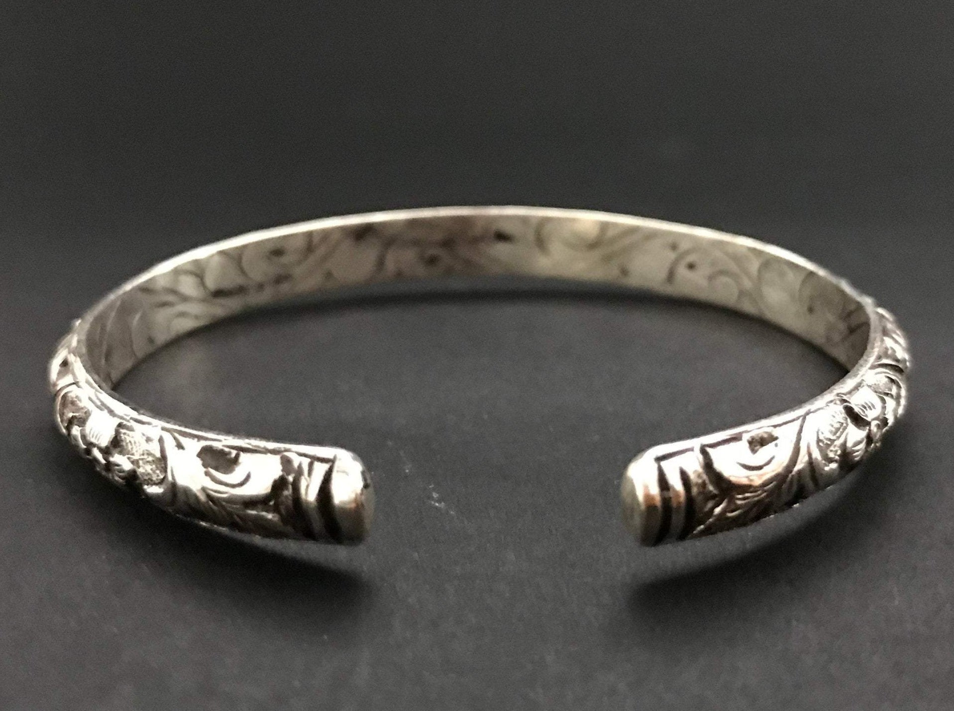 Handmade Antique Tibetan Floral Pattern Deep Engraved Cuff Bracelet - Konmay London