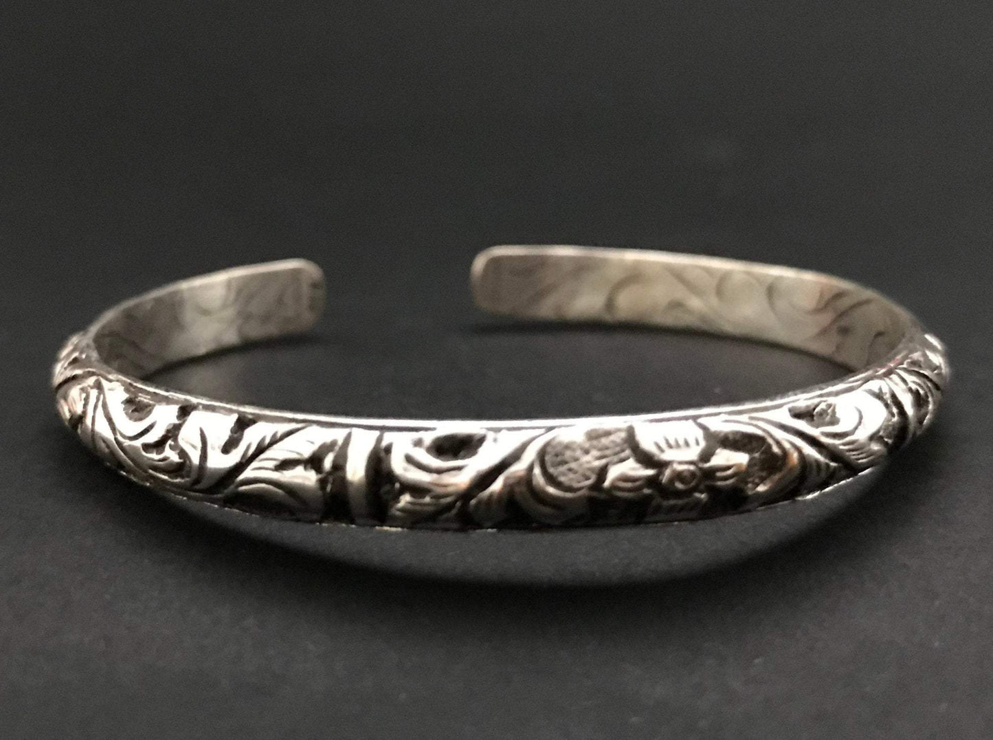 Handmade Antique Tibetan Floral Pattern Deep Engraved Cuff Bracelet - Konmay London