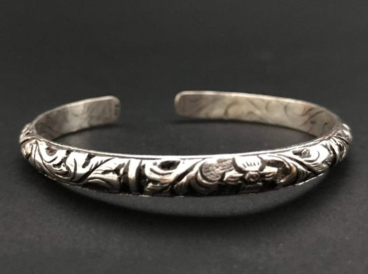 Handmade Antique Tibetan Floral Pattern Deep Engraved Cuff Bracelet - Konmay London