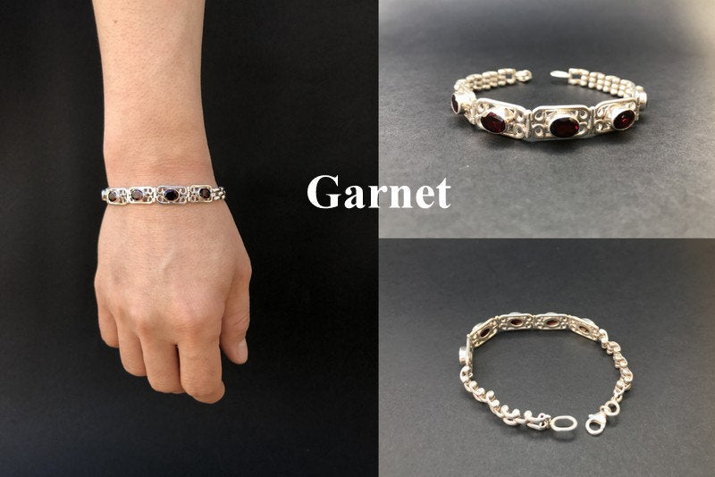 Handmade Chain Style 5 Gemstone Amethyst/Garnet Silver Bracelet - Konmay London