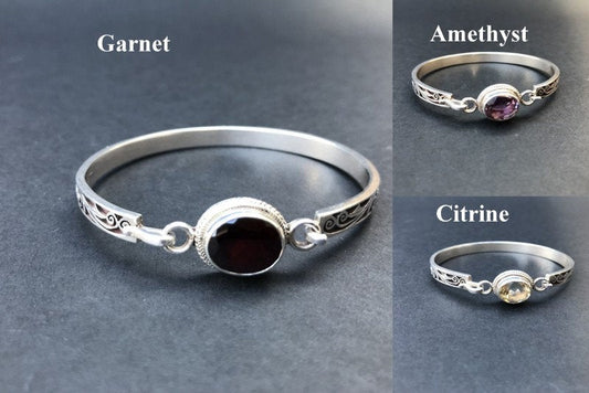 Handmade Floral Stencil Carved Net Amethyst/Citrine/Garnet Silver Bracelet - Konmay London