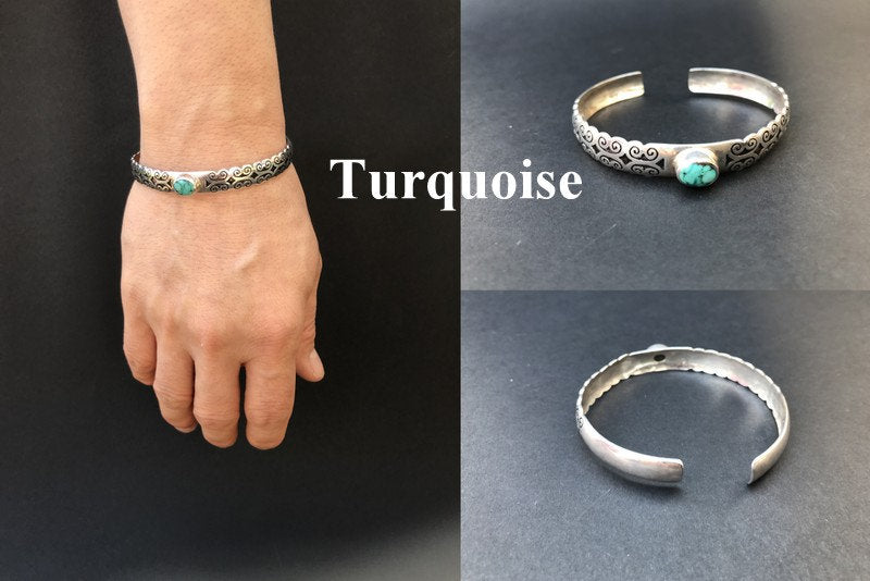 Handmade Floral Pattern engraved Amethyst/Garnet/Turquoise Cuff Bangle Bracelet - Konmay London
