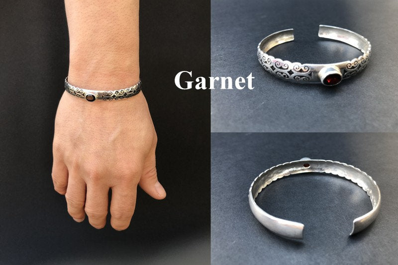 Handmade Floral Pattern engraved Amethyst/Garnet/Turquoise Cuff Bangle Bracelet - Konmay London