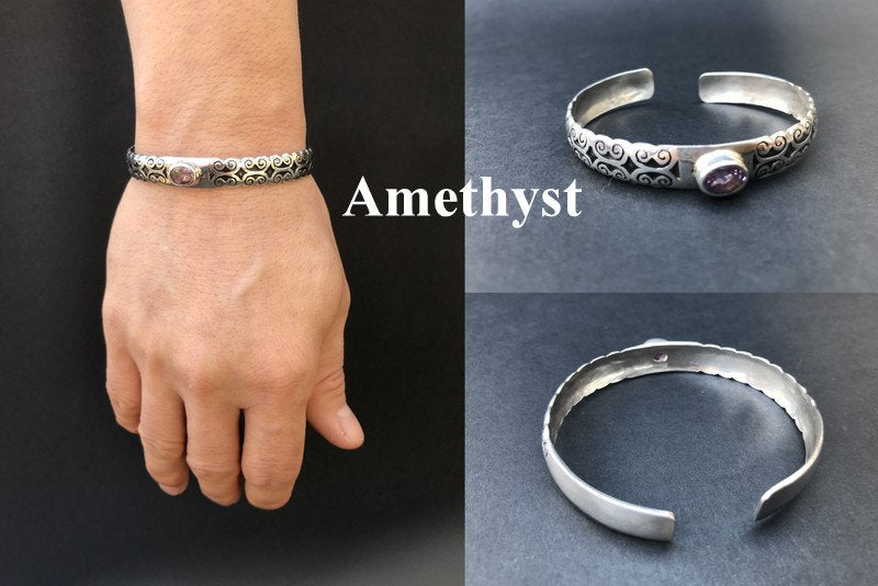 Handmade Floral Pattern engraved Amethyst/Garnet/Turquoise Cuff Bangle Bracelet - Konmay London