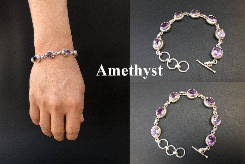 Handmade Chain Style 7 Gemstones Amethyst/Citrine/Garnet Silver Bracelet - Konmay London
