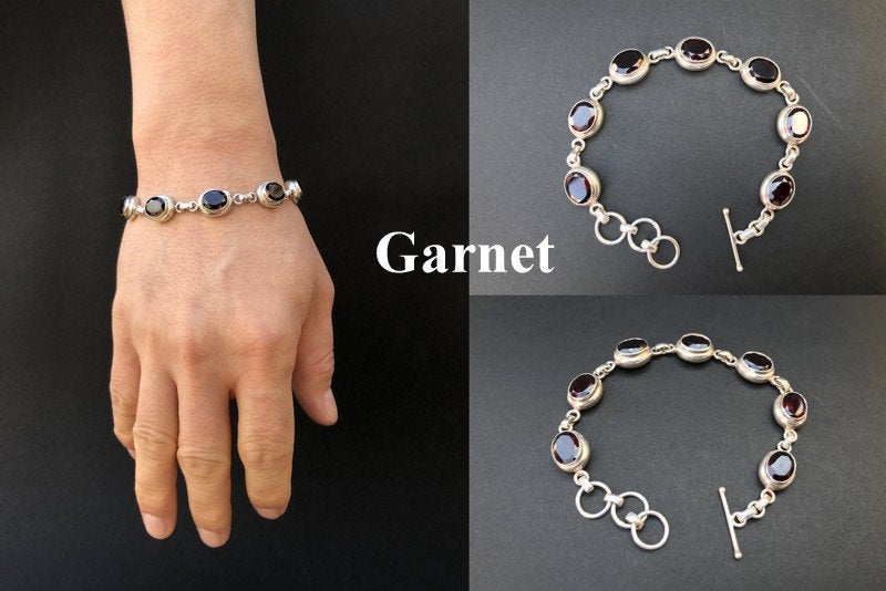 Handmade Chain Style 7 Gemstones Amethyst/Citrine/Garnet Silver Bracelet - Konmay London