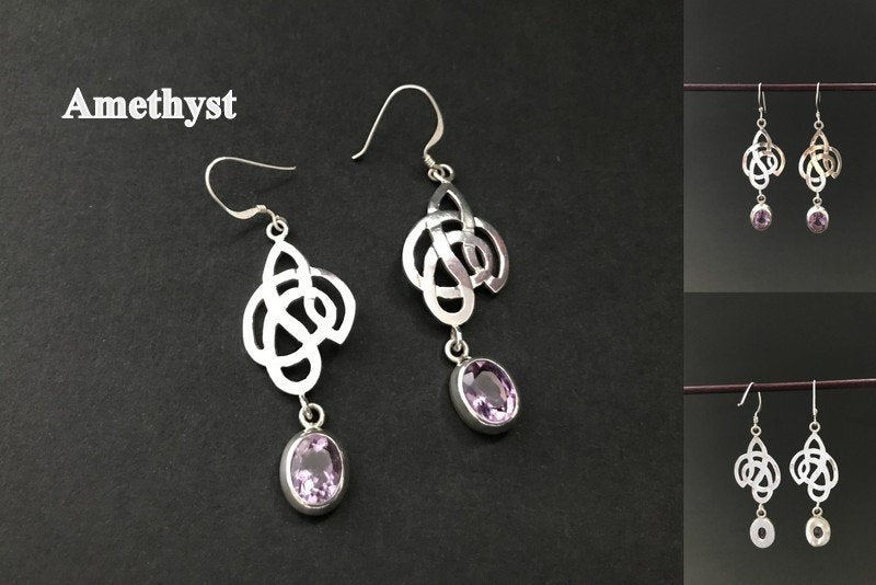 Handmade Celtic Knot Amethyst/Garnet Silver Earring - Konmay London