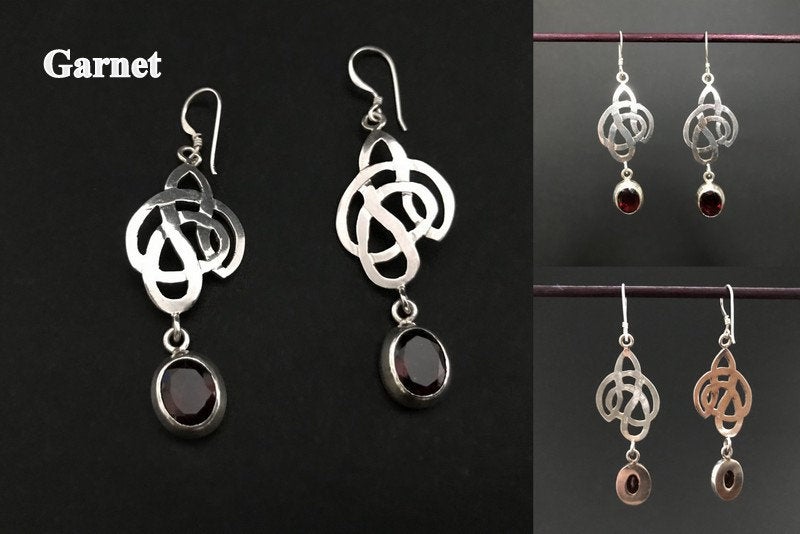 Handmade Celtic Knot Amethyst/Garnet Silver Earring - Konmay London